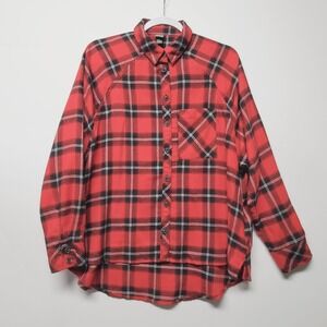 Wild Fable Flannel Shirt Womens Small Red Plaid Button Up Hi-lo Hem Side Pockets